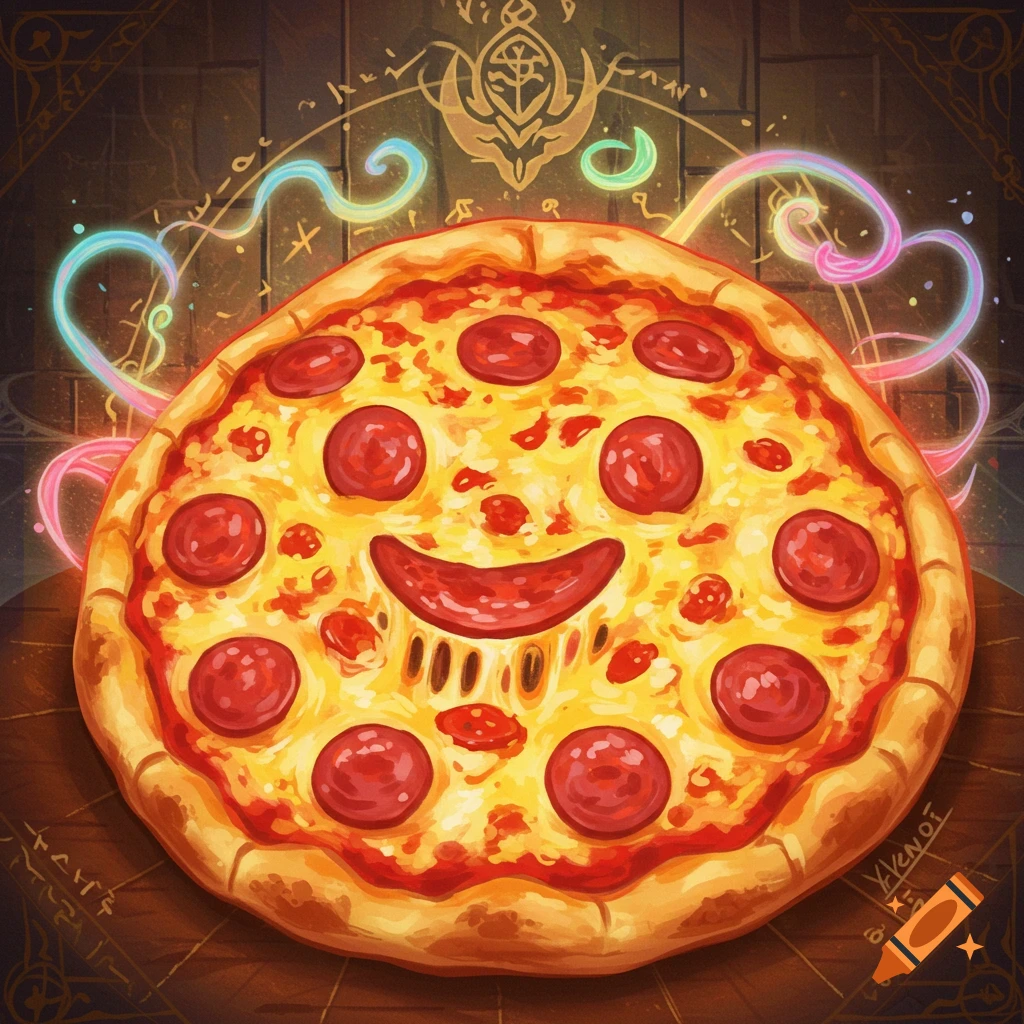 A vibrant cartoon pepperoni pizza with a smiling face, set against a dark background with glowing magical symbols and colorful light trails.