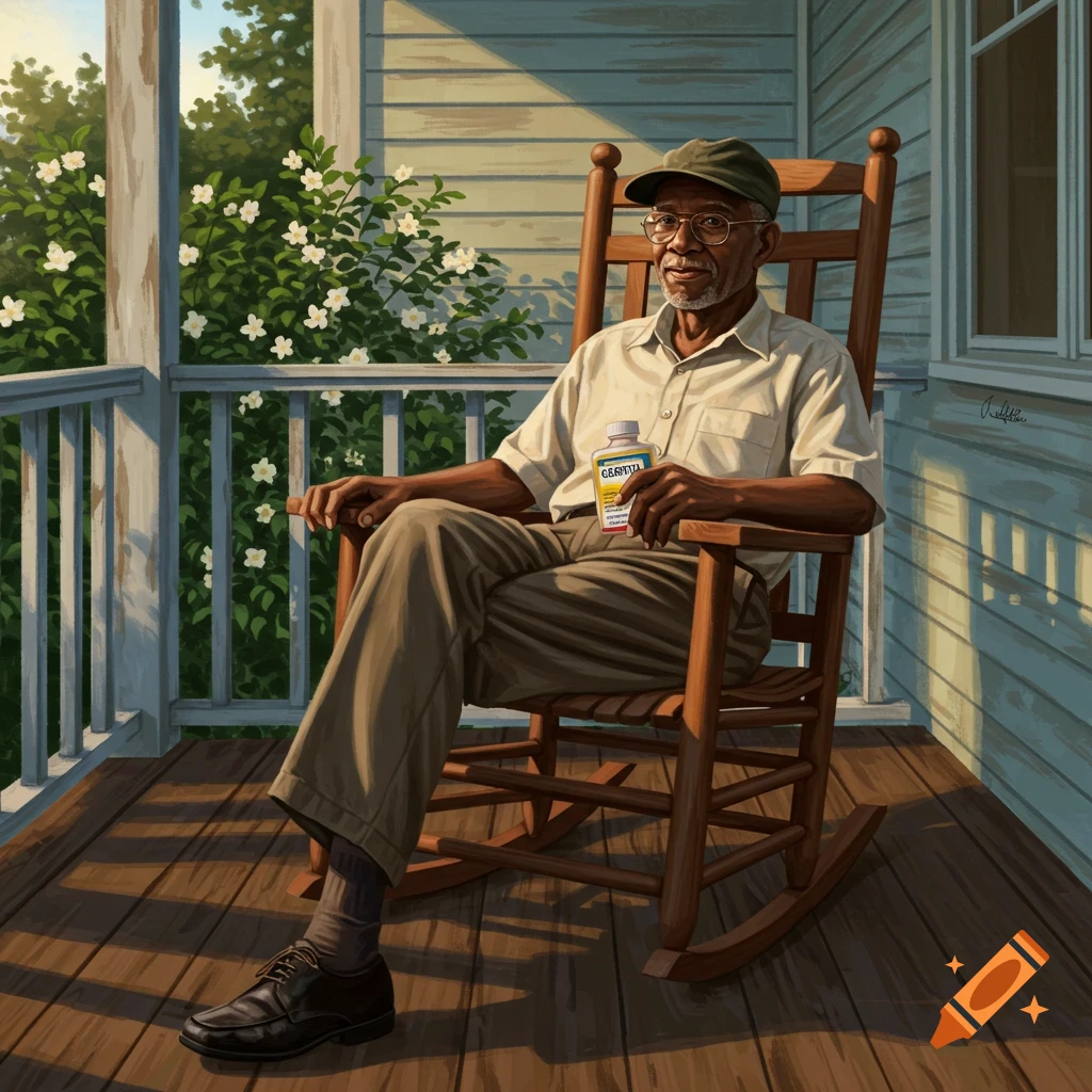 An elderly African American man in a rocking chair on a sunlit porch, holding a bottle labeled Geritol, in a painted style.