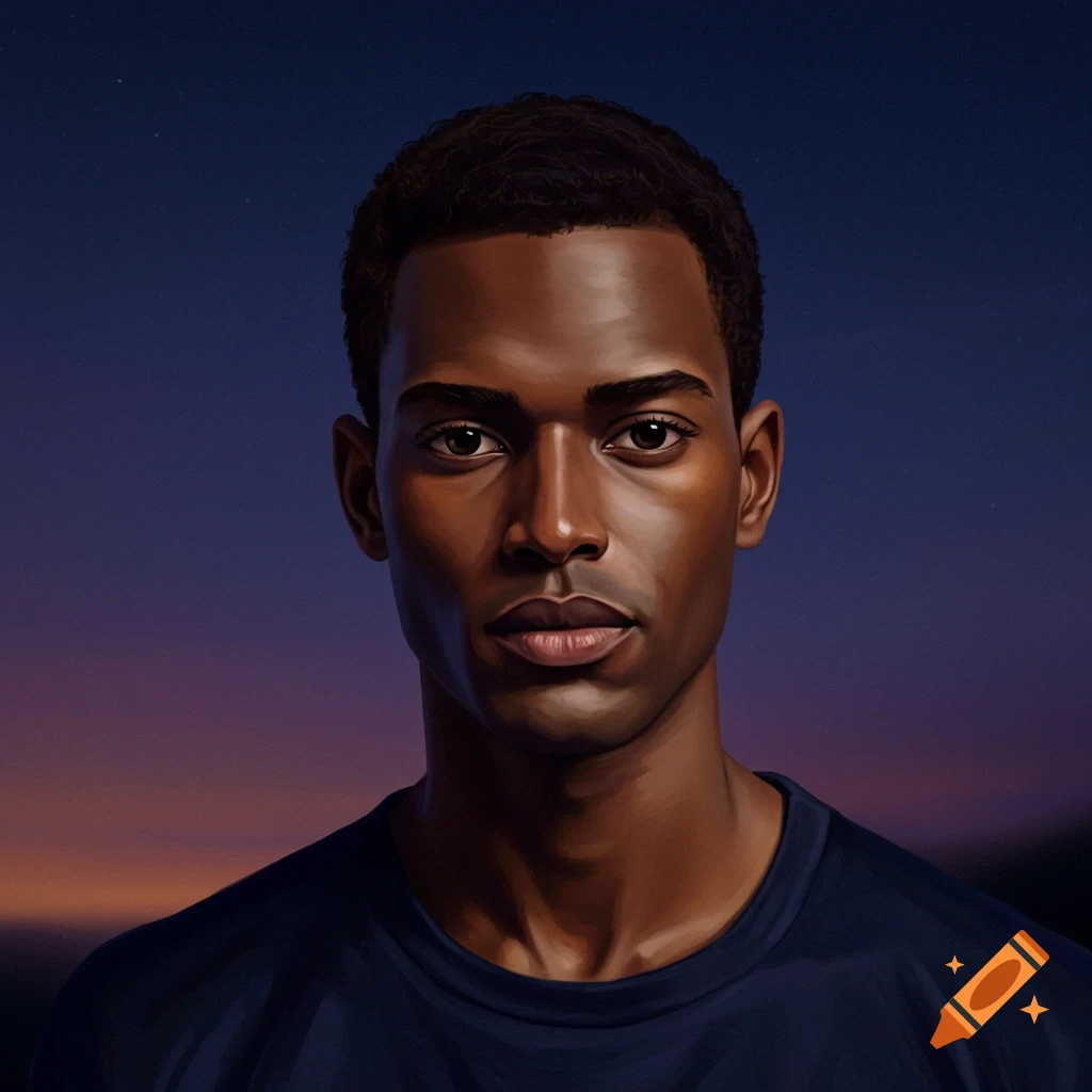 A close-up portrait of a man with dark skin and short dark hair against a twilight sky.
