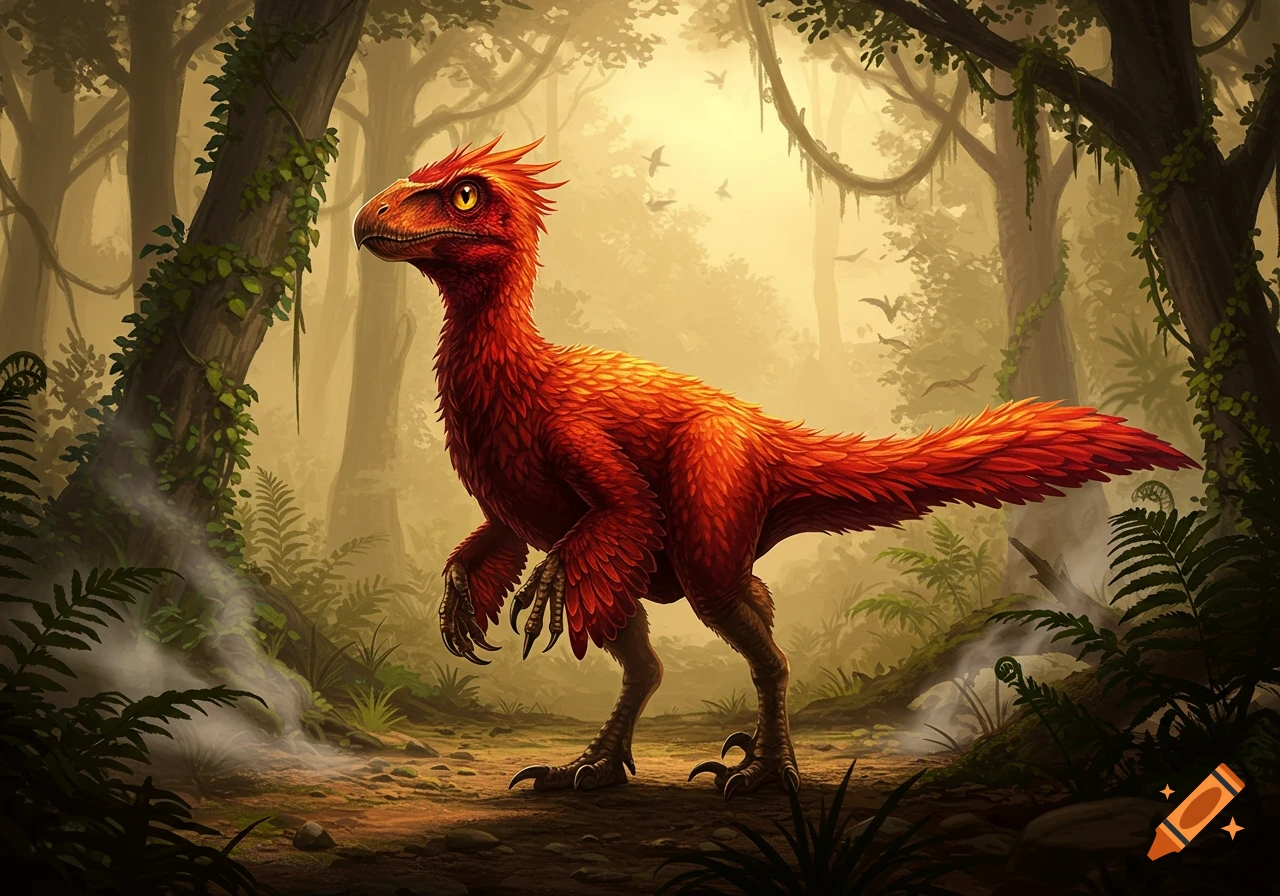 A vibrant red feathered dinosaur stands in a lush, misty jungle with tall trees and ferns.