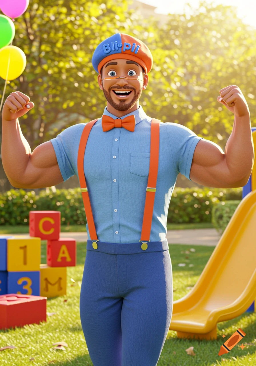 A muscular man dressed as Blippi, with blue hat and orange suspenders, smiles and flexes his arms in a sunny playground with colorful blocks and a slide.
