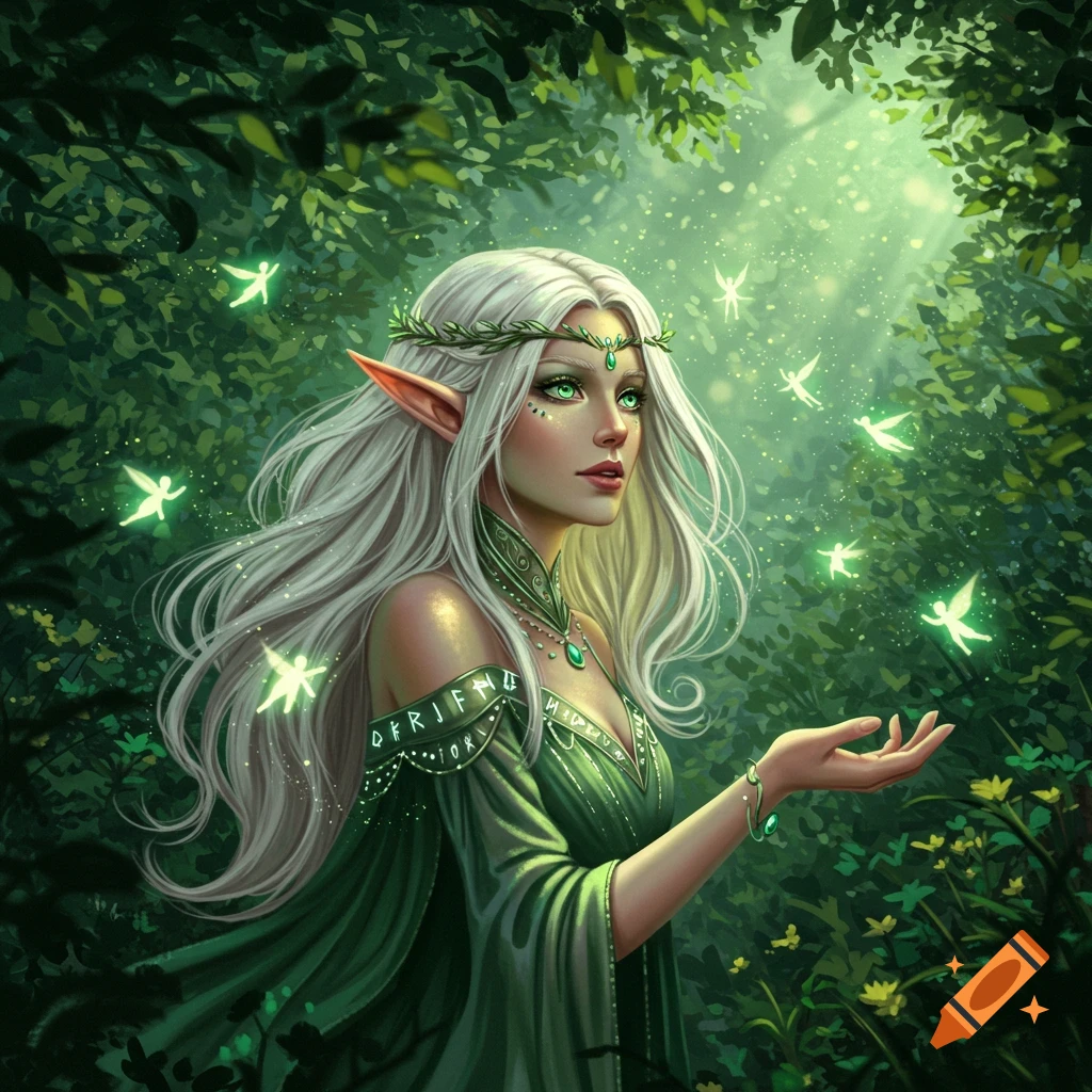 An ethereal elven woman with long white hair and emerald eyes, wearing a green dress, reaching out to glowing fairies in a magical forest.