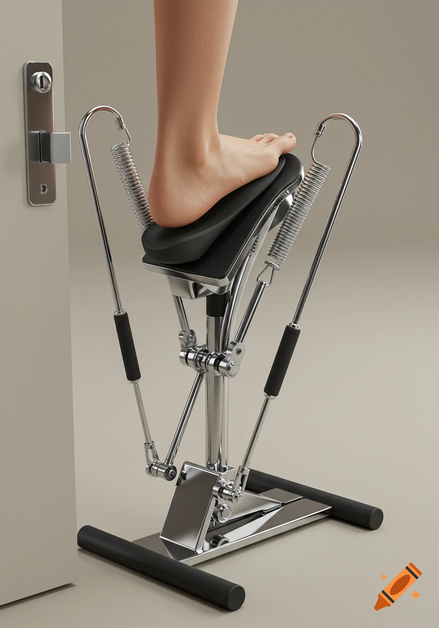 Photorealistic image of a bare foot on a chrome and black shin exercise device, anchored by a door frame.