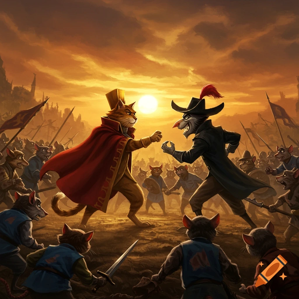 An anthropomorphic cat in a red cape duels a rat in a black coat on a battlefield at sunset, surrounded by their fighting armies.