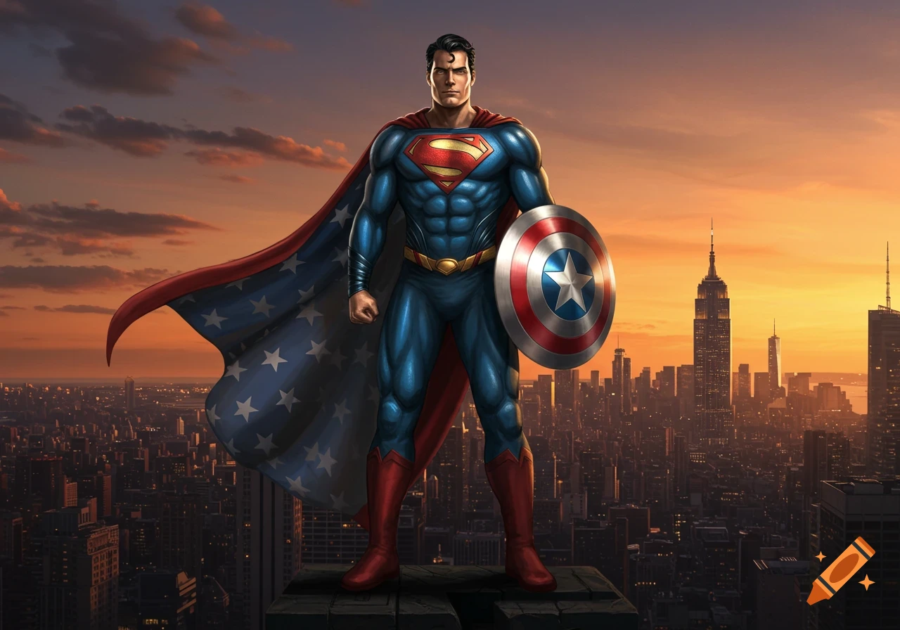 Superman in his iconic suit holding Captain America's shield, standing atop a building overlooking a city at sunset.