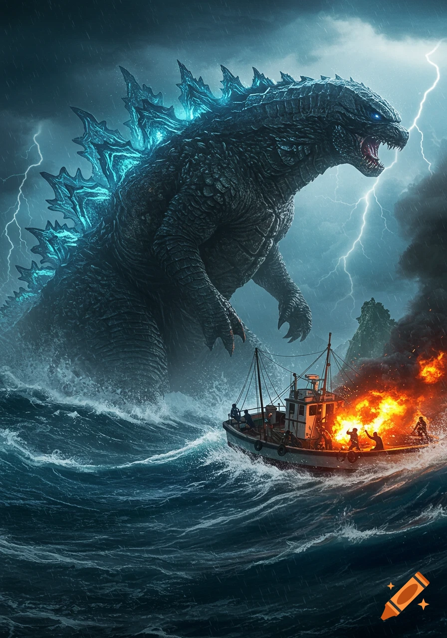 A giant Godzilla with glowing blue spines rises from stormy dark ocean waves during a lightning storm, towering over a small fishing boat engulfed in flames, with people scrambling on board.