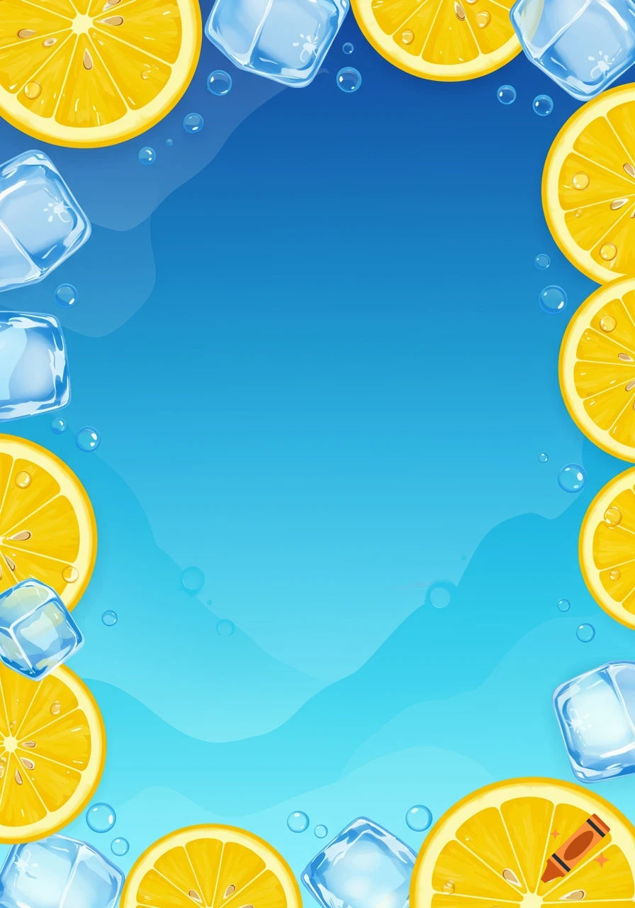 Cartoon illustration with lemon slices and ice cubes on a blue background, creating a border around a blank center.