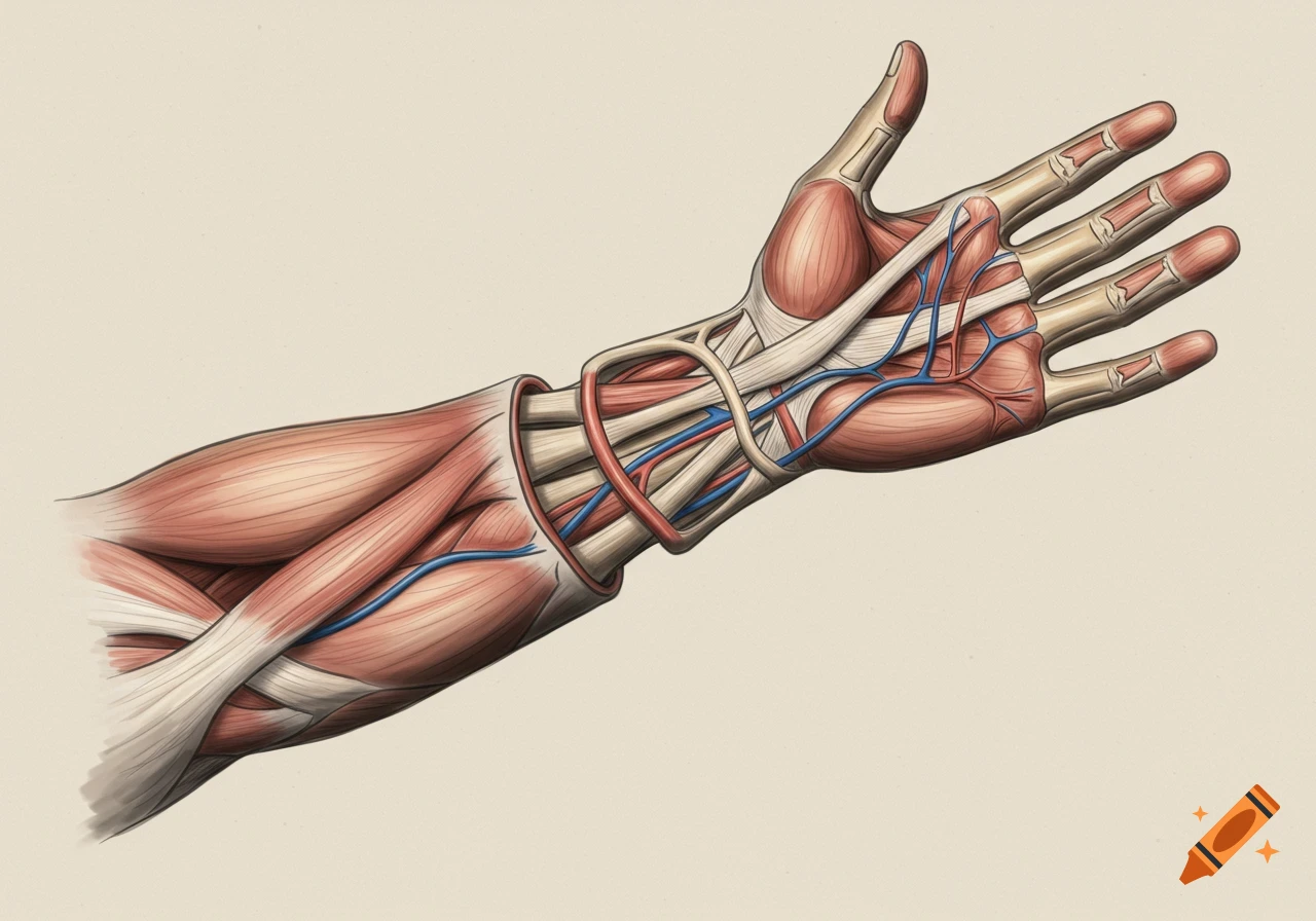 Highly detailed anatomical illustration of a human left forearm, showing muscles, tendons, bones, and blood vessels.