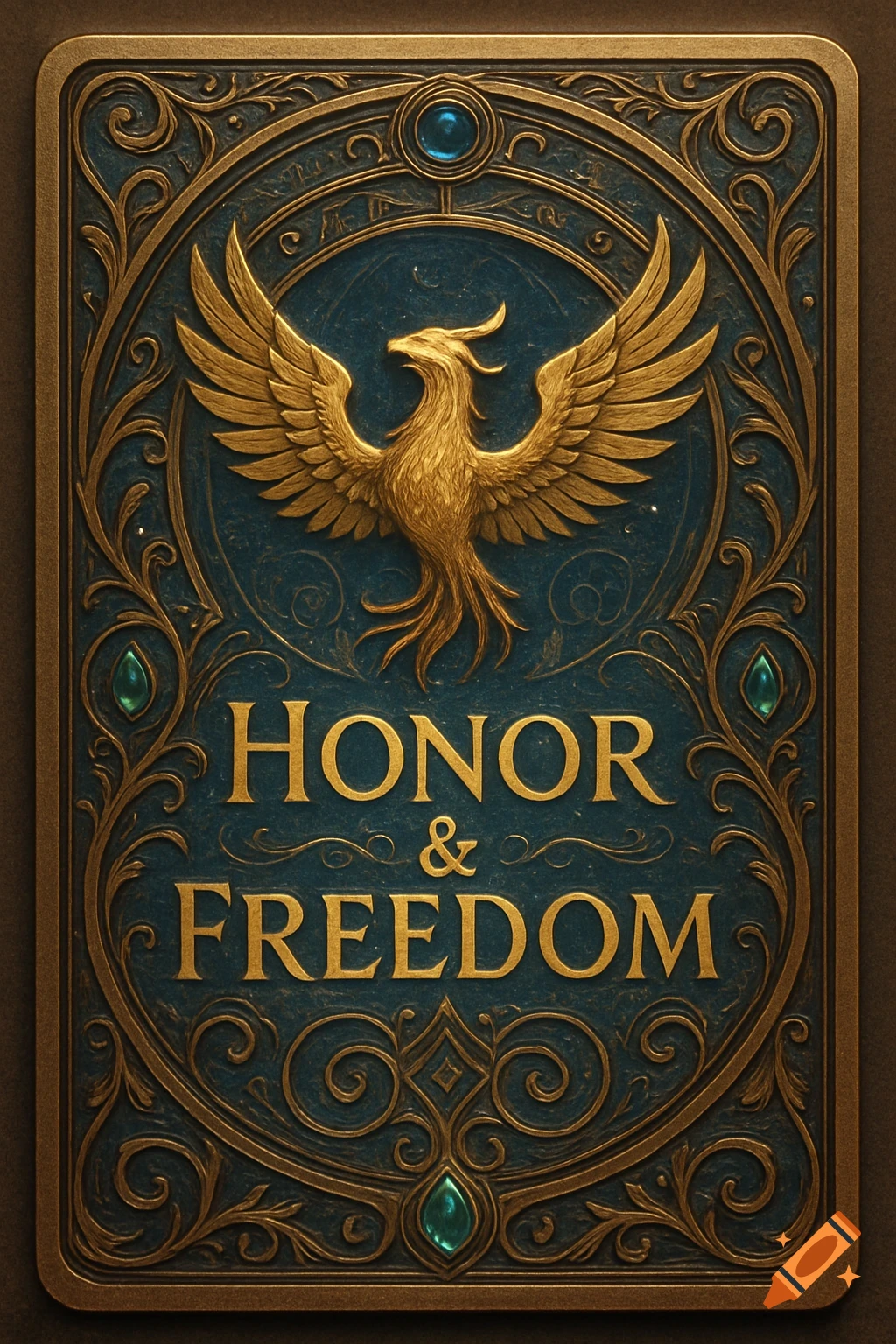 A golden phoenix emblem surrounded by ornate bronze and teal scrollwork on a fantasy card with the words "HONOR & FREEDOM."