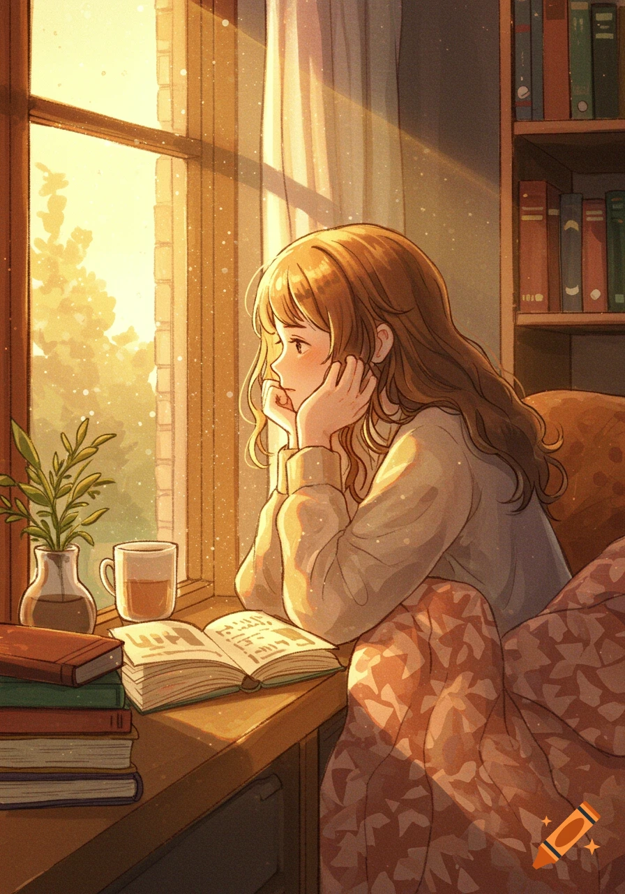 An artistic illustration of a girl sitting by a window at dawn, with sunlight illuminating a book and a warm blanket.