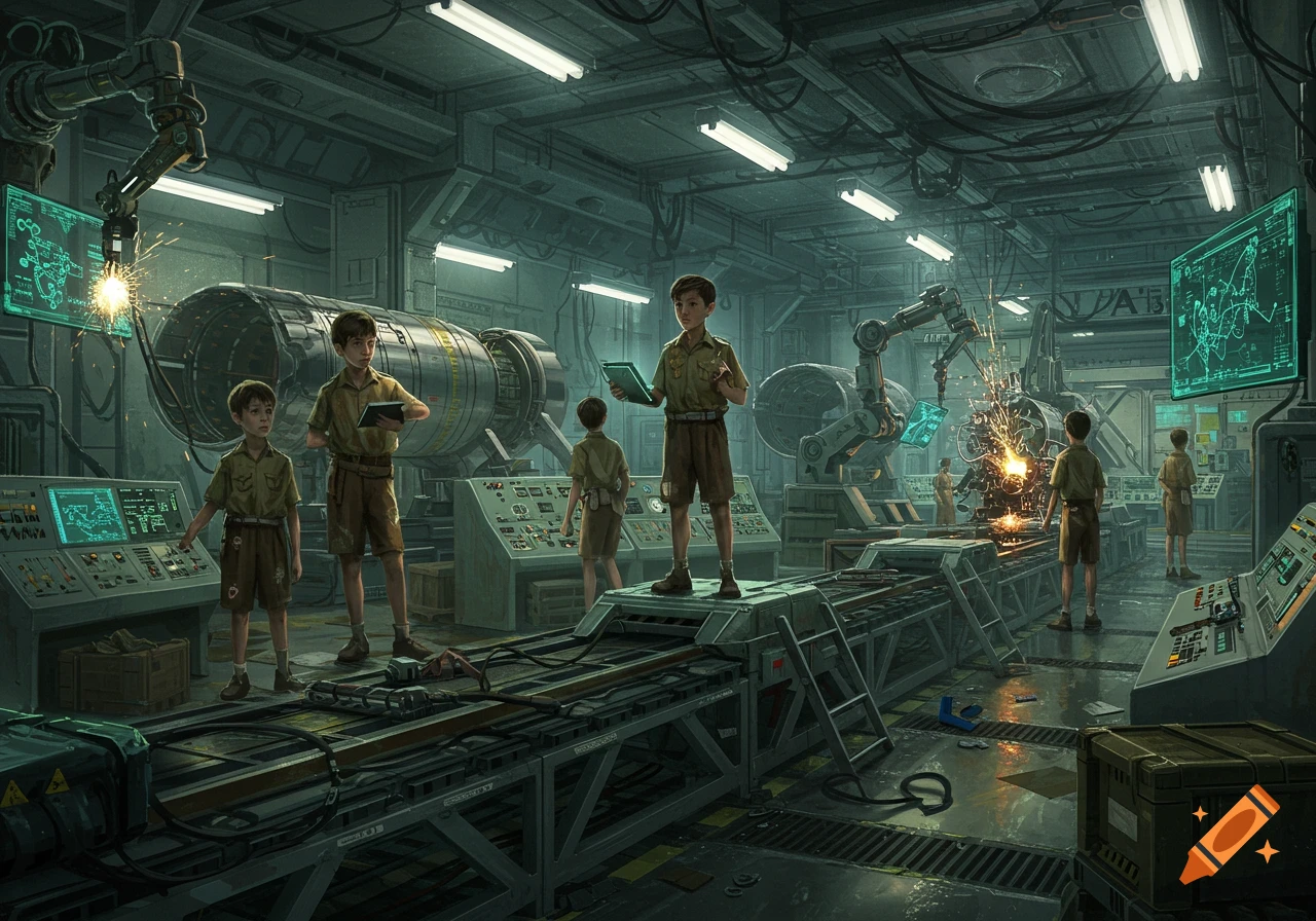 Children dressed in scout uniforms work in a detailed, futuristic rocket factory with robotic arms and large machinery, in a sci-fi art style.