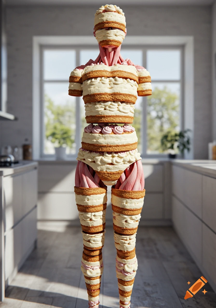 A surreal human figure composed of cake layers and exposed muscle, standing in a brightly lit kitchen.