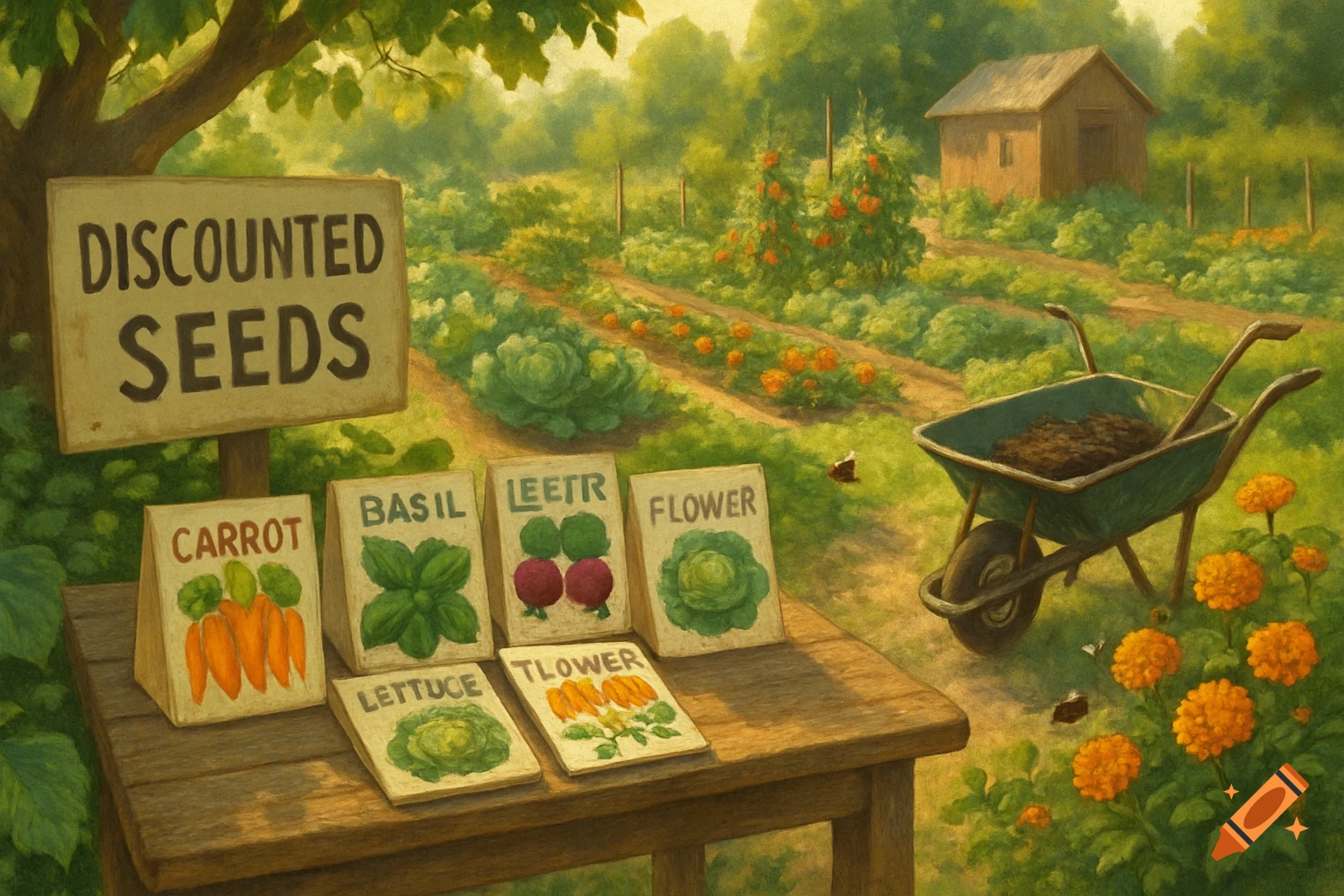 A sunny, painterly scene of a lush garden with a 'DISCOUNTED SEEDS' sign, seed packets on a wooden table, and a wheelbarrow filled with dirt.