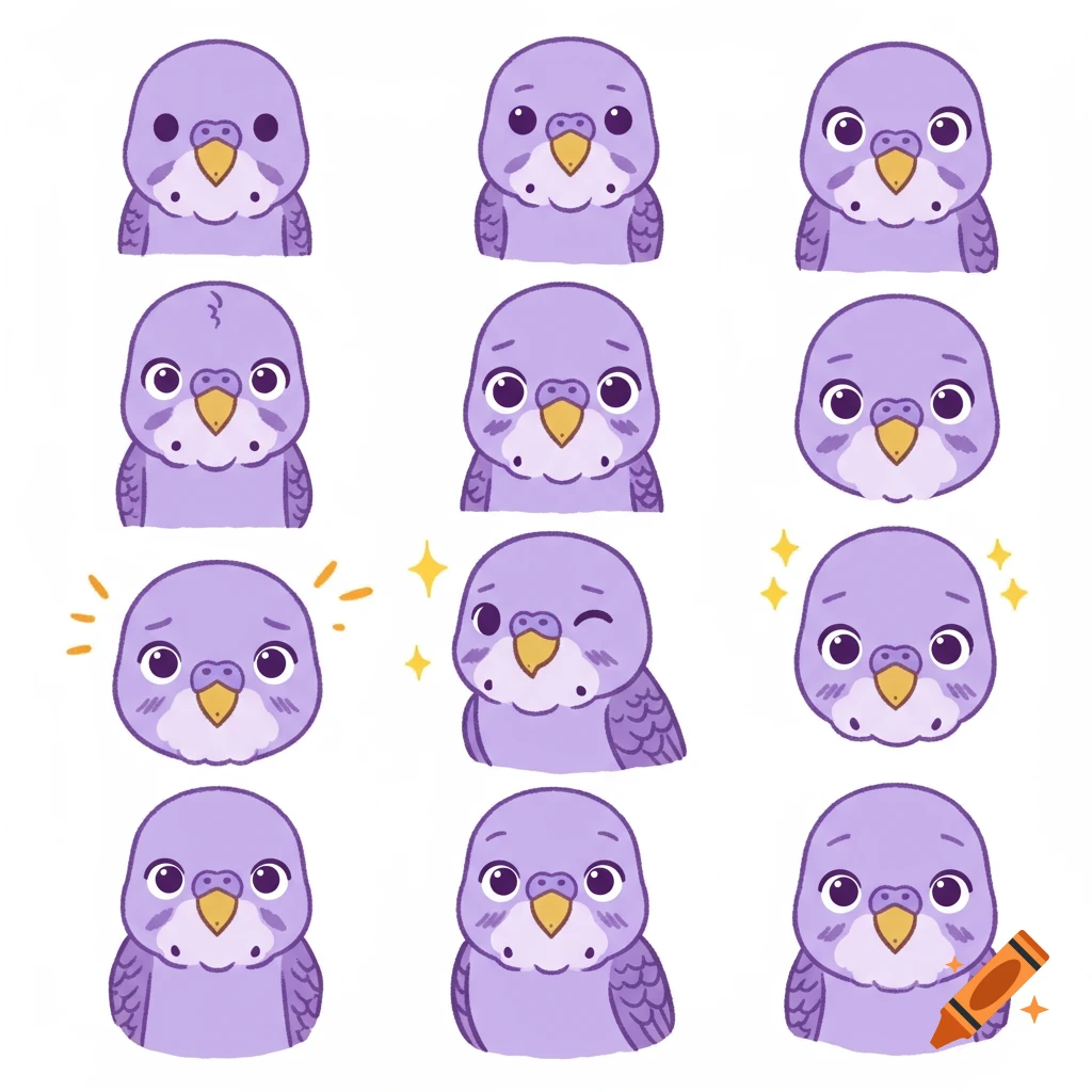 A grid of nine cute light purple cartoon budgie heads showing various expressions on a white background.