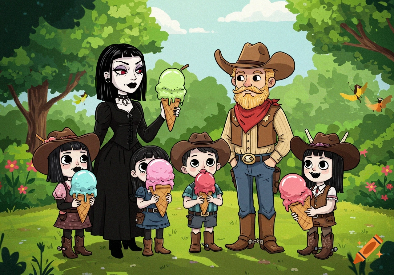 A cartoon family, including a goth mother, a cowboy father, and their four children, stands in a park, all eating ice cream cones.