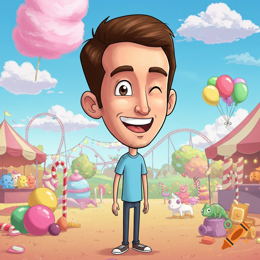 A smiling cartoon man with a large head winks at an amusement park with a rollercoaster, tents, and candy.