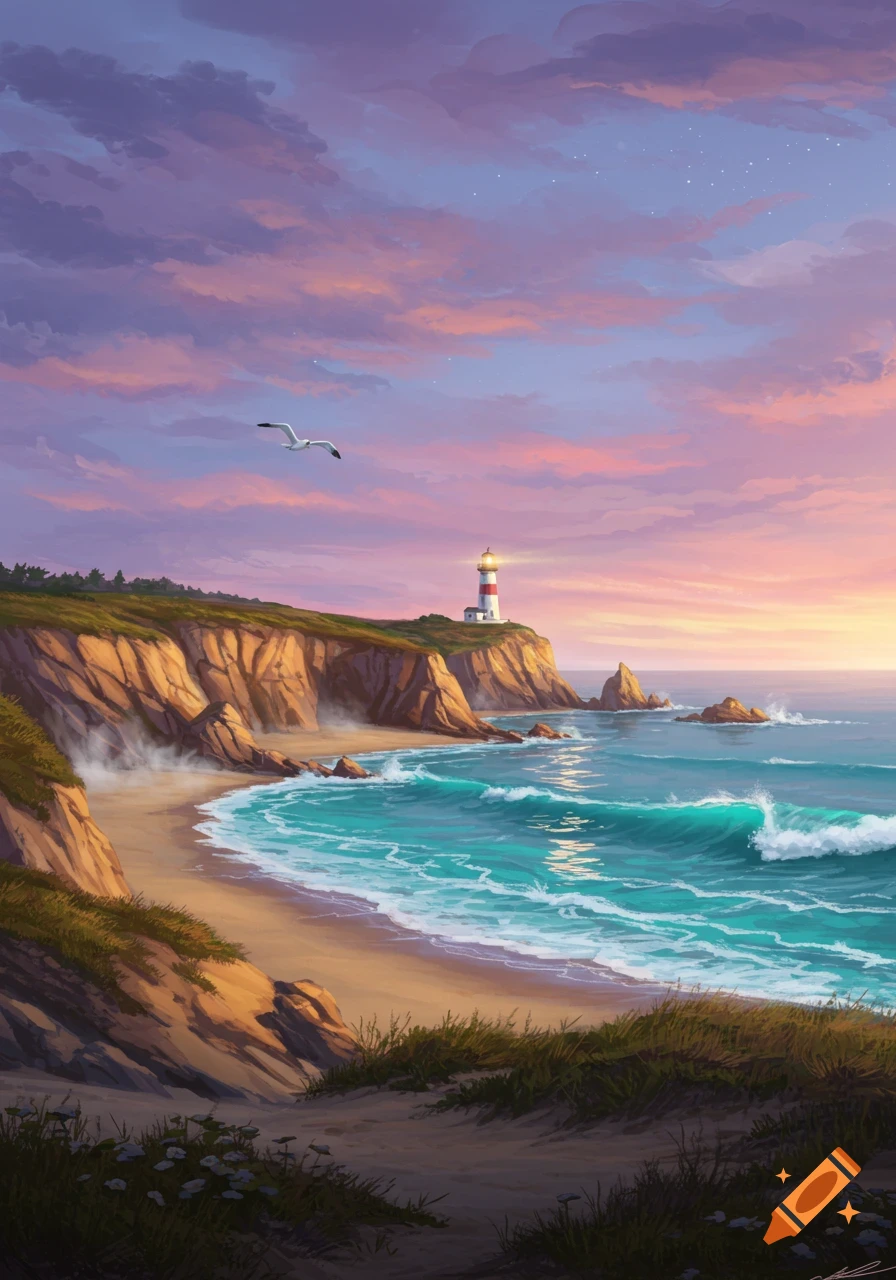 A painting of a lighthouse on a cliff overlooking a beach with waves at sunset, a seagull flying overhead.