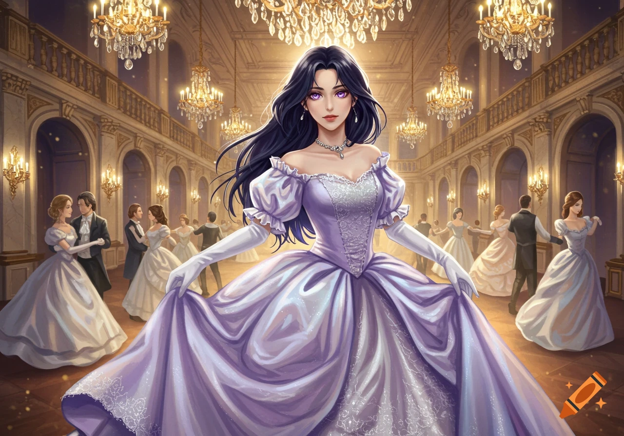 A woman with long black hair and violet eyes in a shimmering purple ball gown stands in a lavish ballroom with chandeliers and dancing couples.