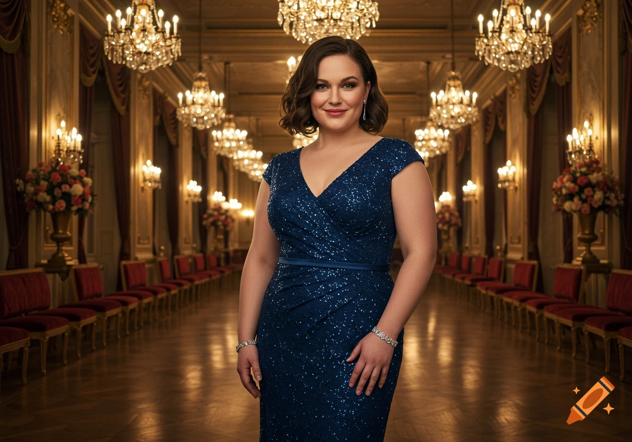 A smiling woman in a blue sequin gown stands in a grand, chandelier-lit ballroom.