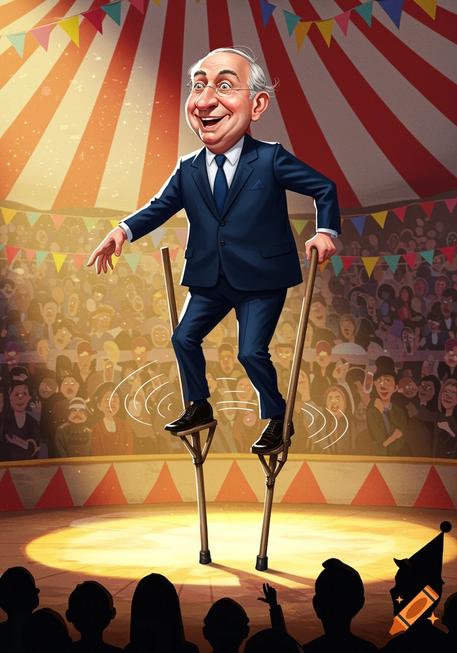 A cartoon man in a suit balancing on stilts under a spotlight in a circus tent, with a cheering crowd in the background.