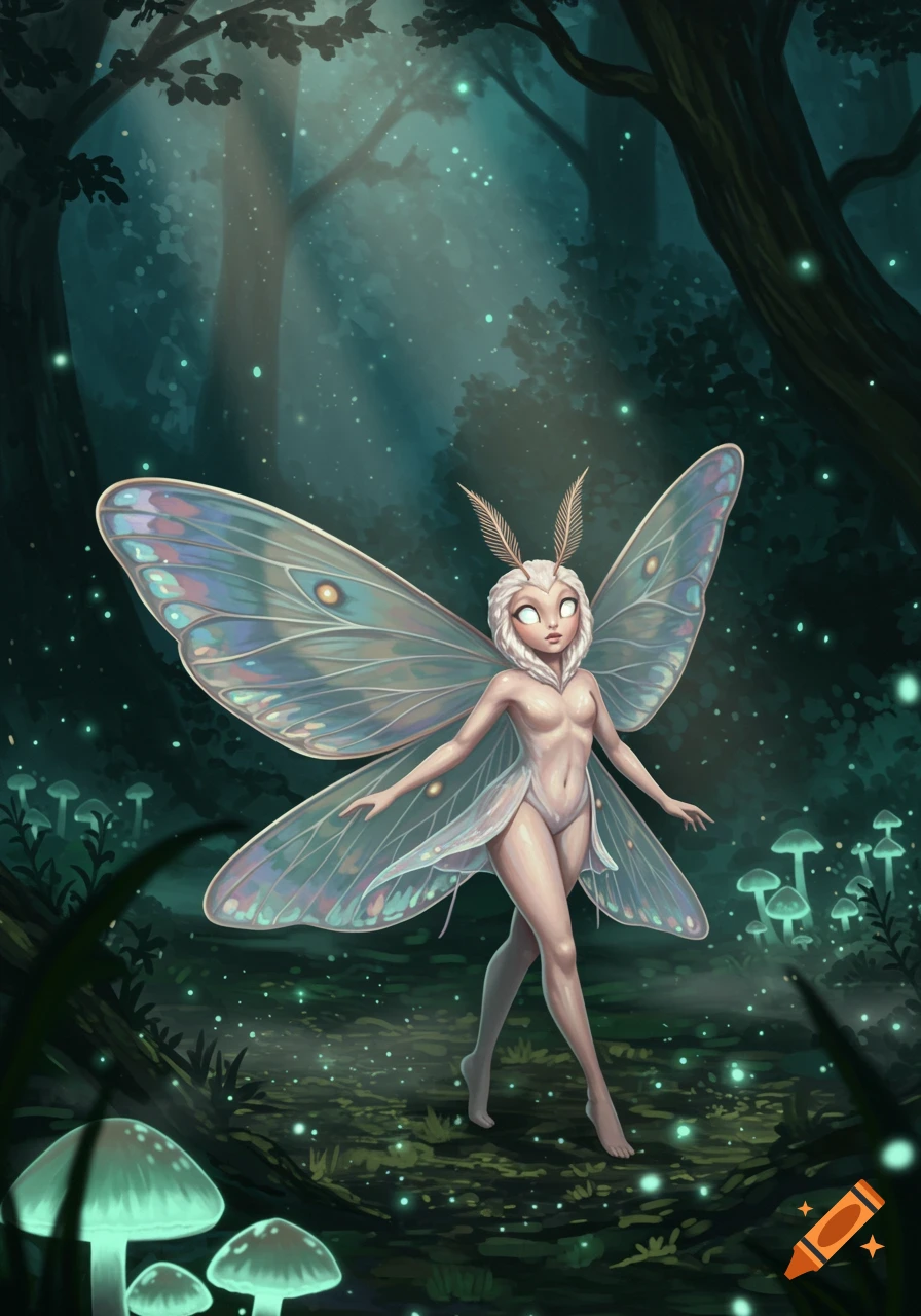 A humanoid silk moth woman with large translucent wings stands in a dark, glowing fantasy forest with mushrooms.