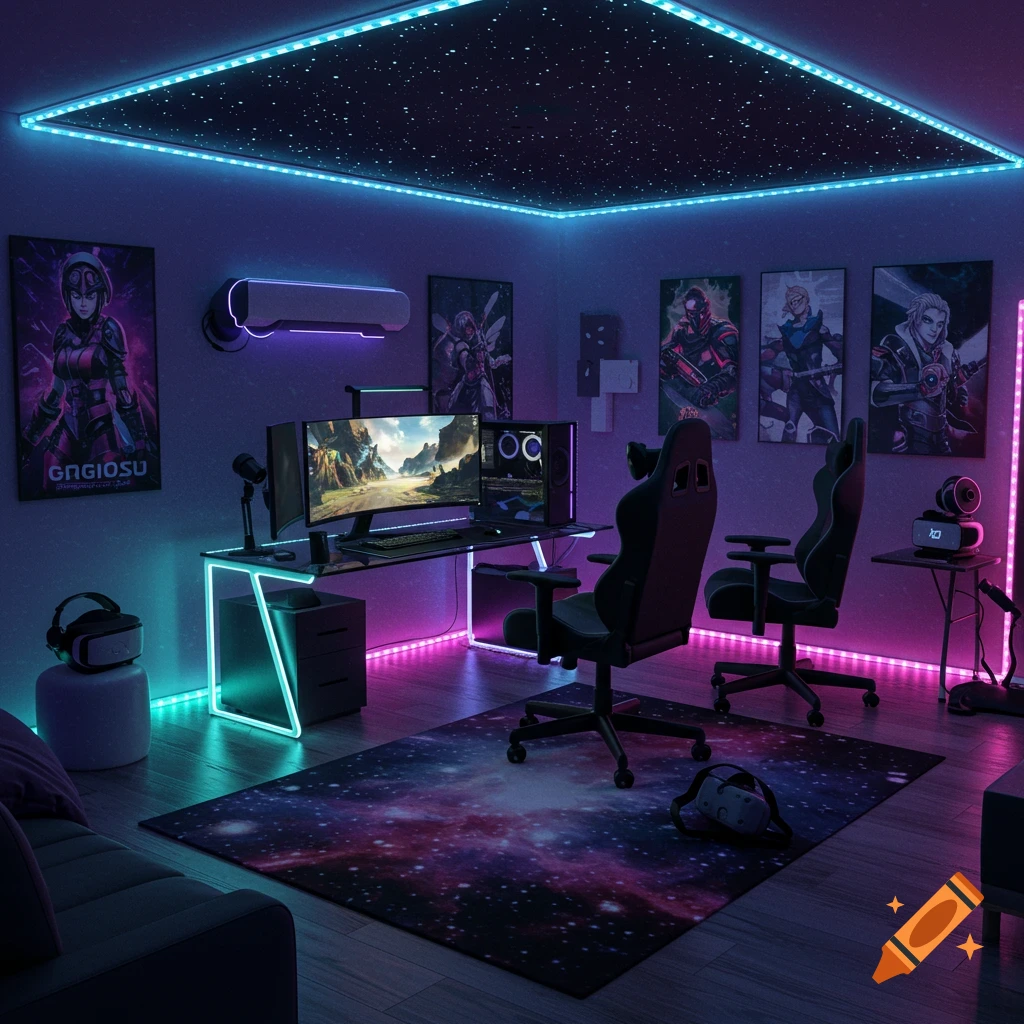 A modern gaming room with vibrant blue and purple LED lights, a starry ceiling, two gaming chairs, multiple monitors, and anime posters.