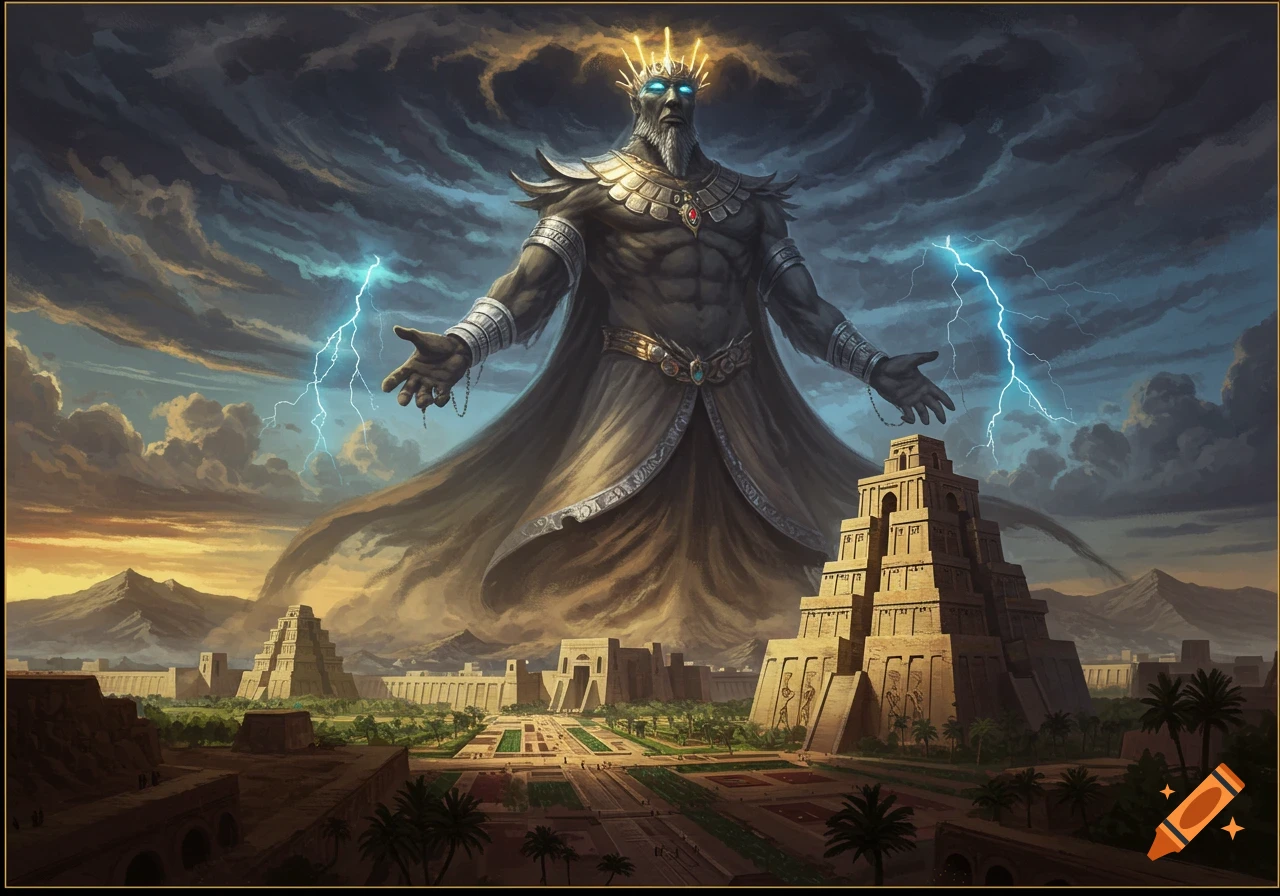 Colossal, god-like figure with glowing eyes and a crown stands over an ancient city with ziggurats under a stormy sky with lightning.