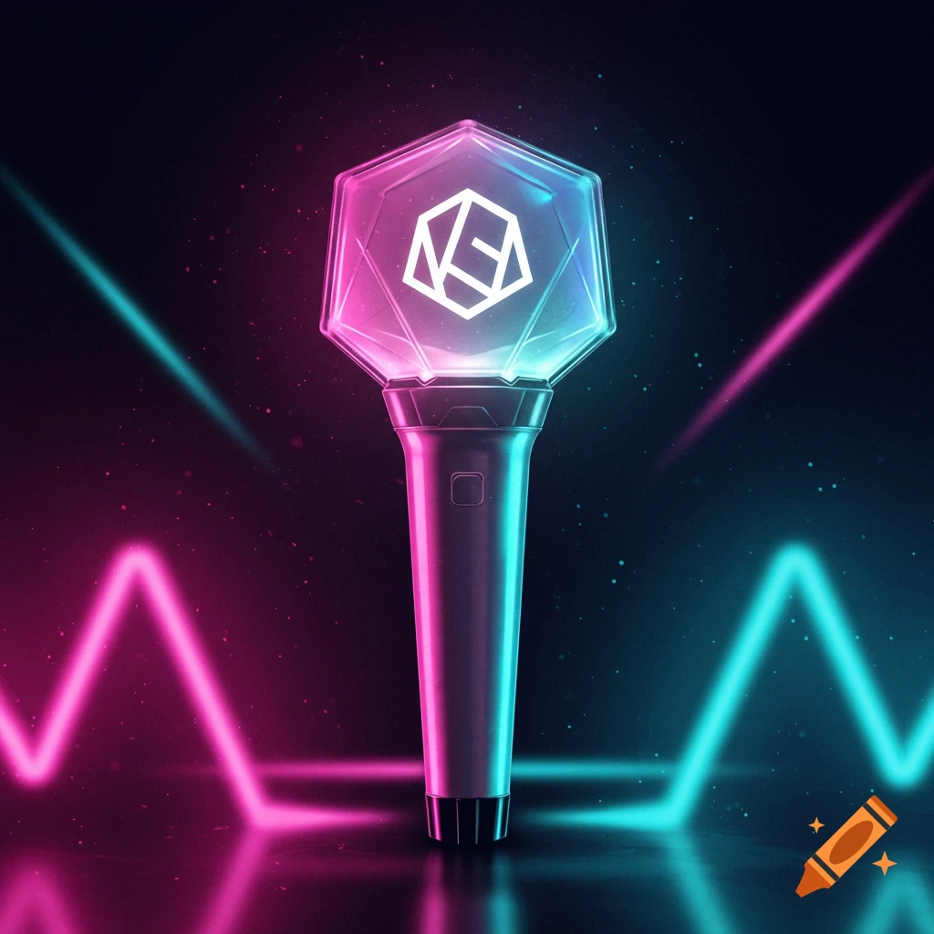 A vibrant k-pop lightstick with a hexagonal top and geometric logo, glowing pink and blue amidst neon lights and reflections on a dark background.