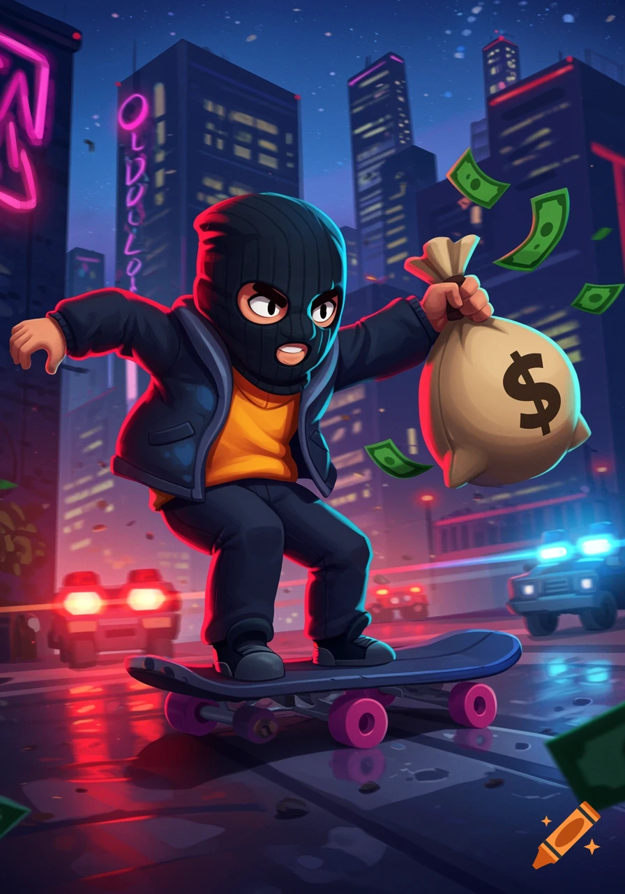 Cartoon bank robber on a skateboard holding a money bag in a neon-lit city with police cars.