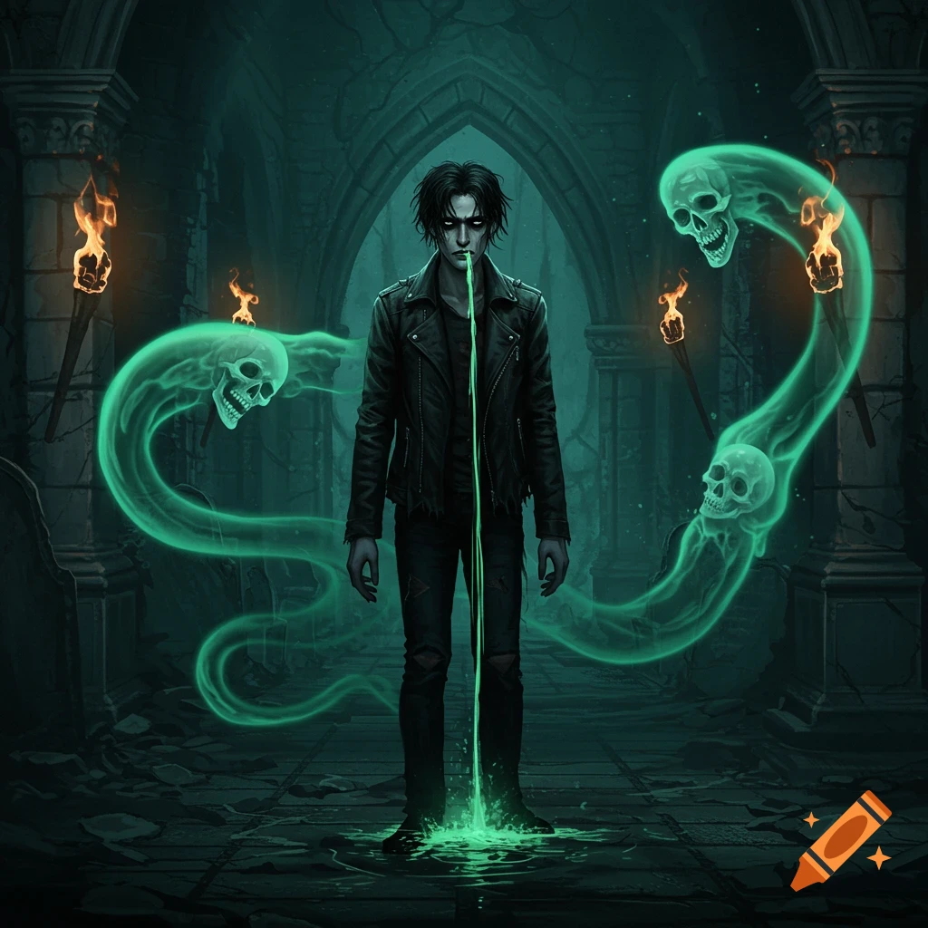 A dark-haired man in a leather jacket vomits green liquid as spectral skulls float around him in a ruined gothic setting.