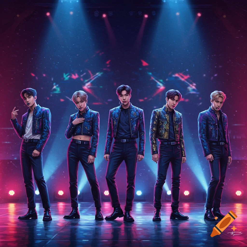 Five male K-pop performers on a brightly lit stage with red and blue spotlights, wearing ornate jackets and dark pants.