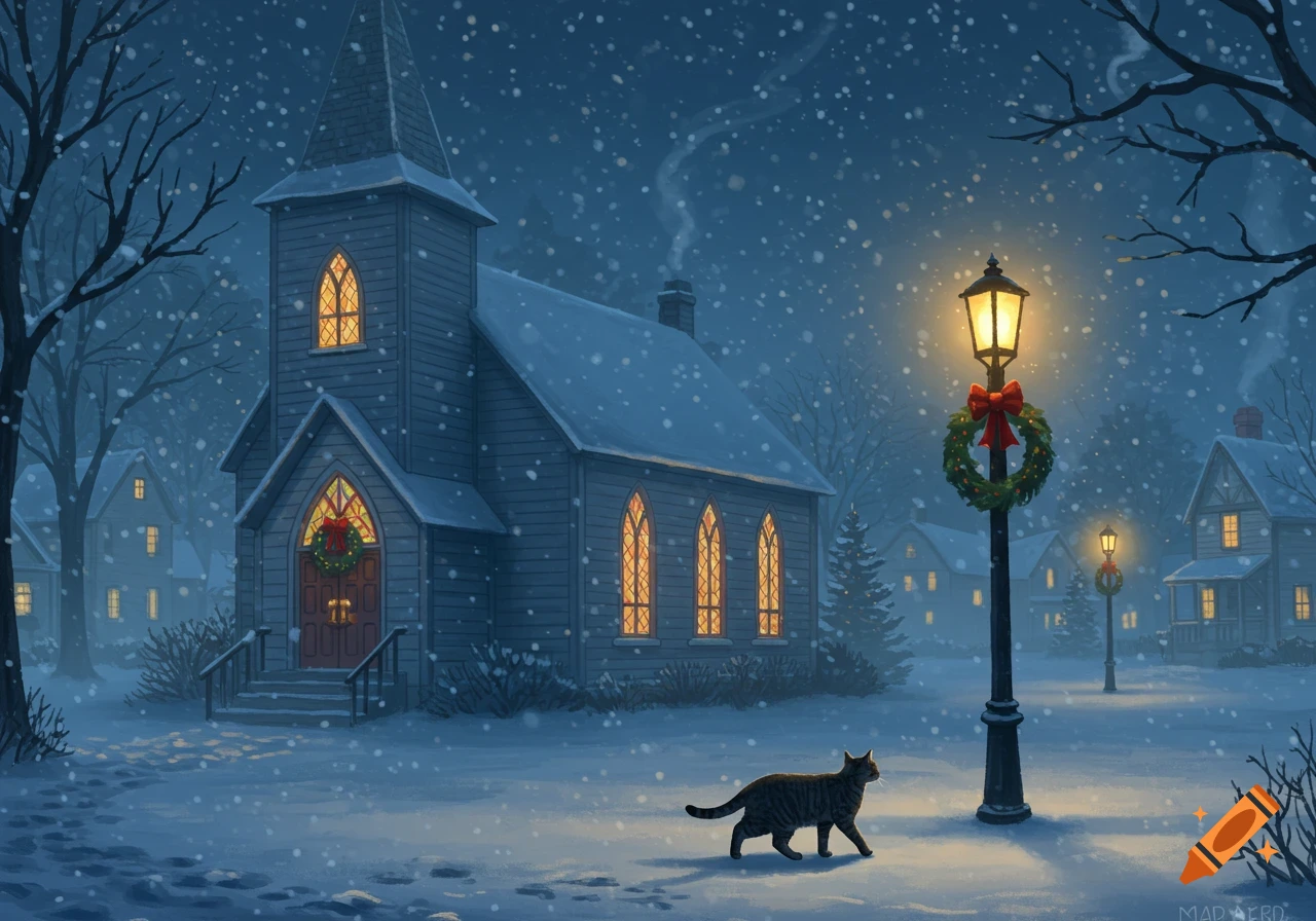 A gray tabby cat walks in the snow past a lit church and a lamppost decorated with a wreath on a snowy Christmas Eve.