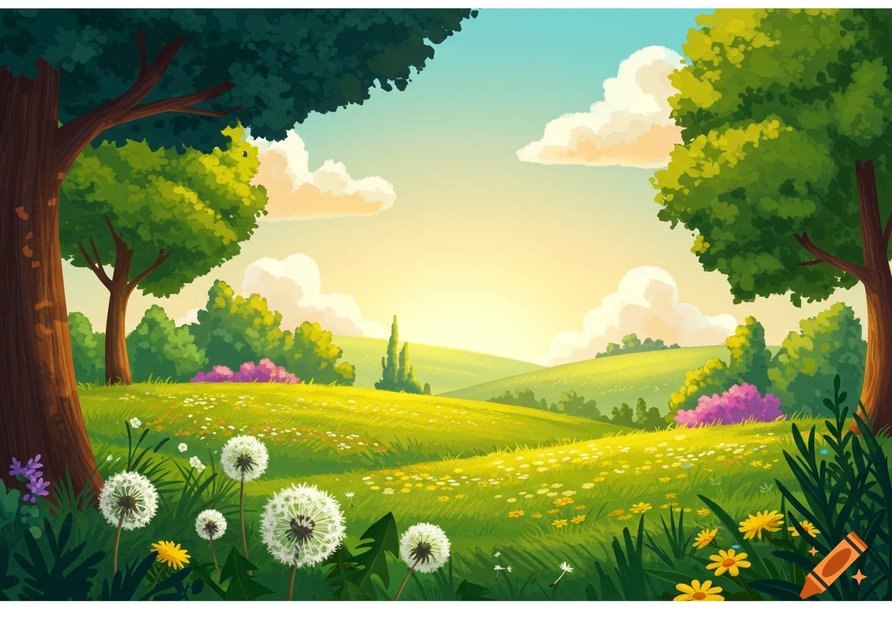 A vibrant cartoon landscape bathed in sunlight, with lush green fields, scattered dandelions and wildflowers, and large trees framing the view.
