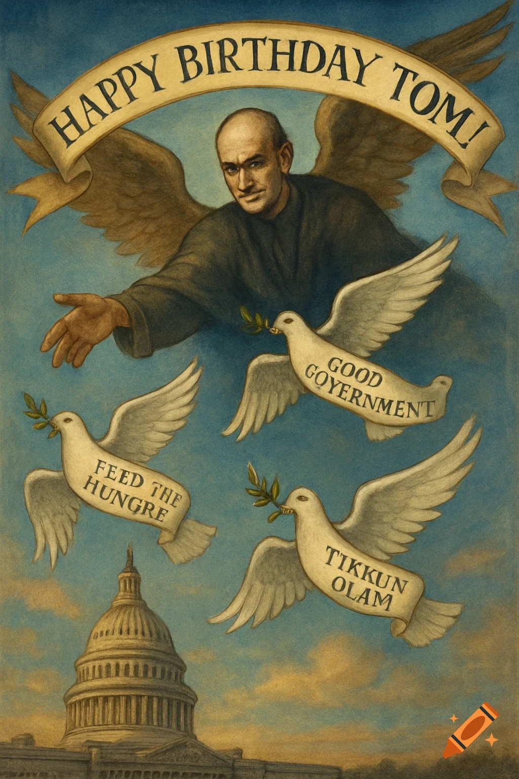 A man with angel wings and outstretched hand above the U.S. Capitol. Doves fly with banners reading "FEED THE HUNGRE", "GOOD GOVERNMENT", and "TIKKUN OLAM". A banner reads "HAPPY BIRTHDAY TOM!".