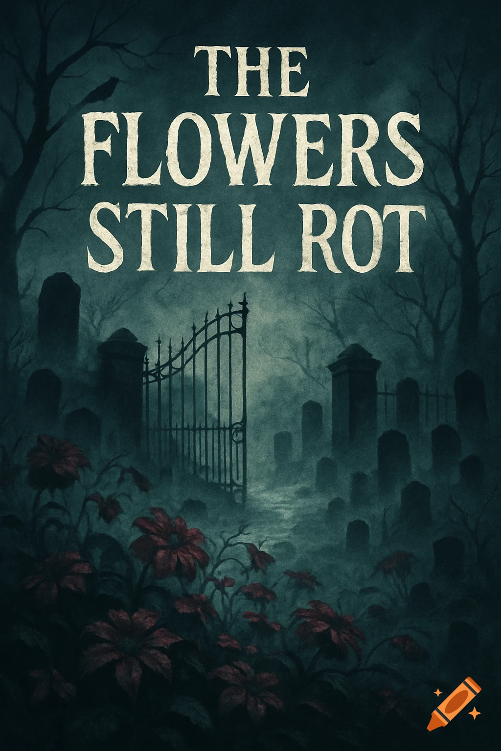 Dark horror book cover, 'The Flowers Still Rot,' showing a misty graveyard with gravestones, an open gate, trees, and red flowers.