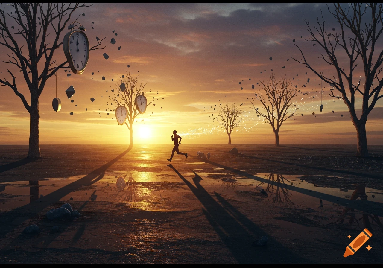 A silhouette of a person runs across a vast, barren landscape at sunset, surrounded by bare trees with melting clocks and floating debris.