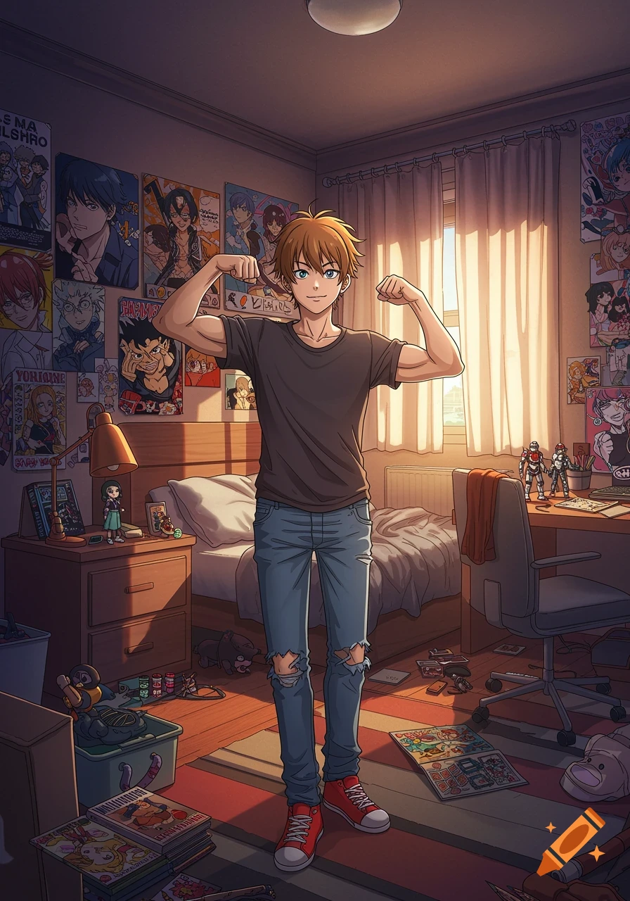 A young anime boy with reddish-brown hair and blue eyes, wearing a dark gray t-shirt and ripped jeans, stands in his messy bedroom, flexing his biceps and smiling. The room is filled with anime posters, books, and toys.