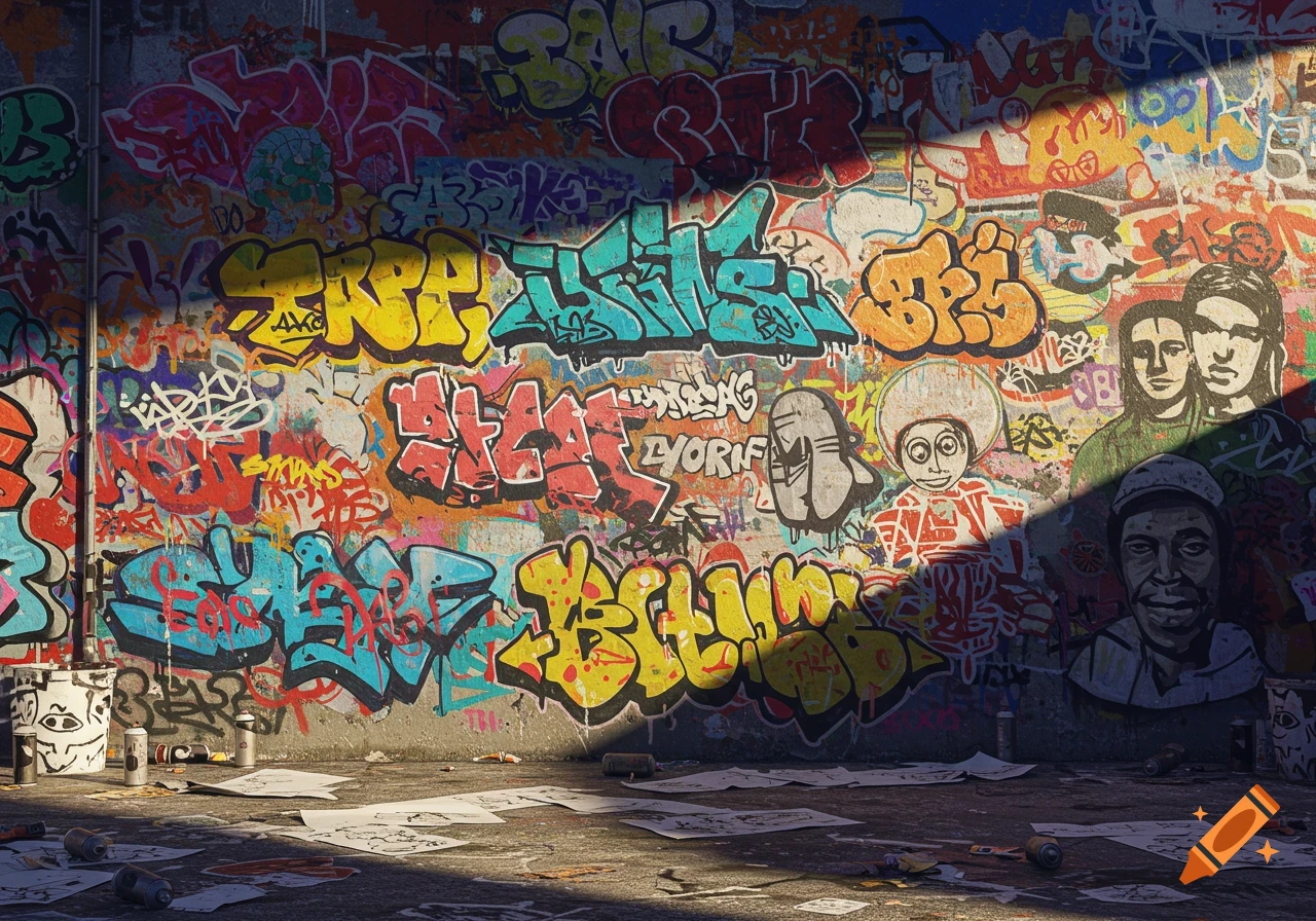 A vibrant wall covered in colorful, detailed graffiti art, with spray cans and papers on the ground.