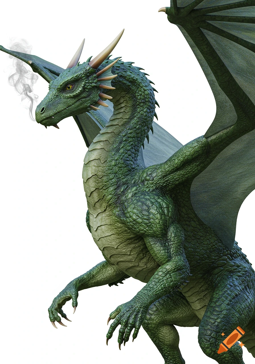 A realistic green dragon with its head turned to the left, smoke emanating from its nostril, against a white background.