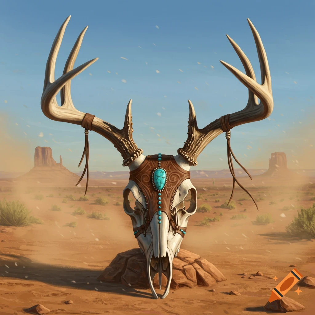 A deer skull adorned with turquoise and tooled leather sits on rocks in a desert landscape with buttes.