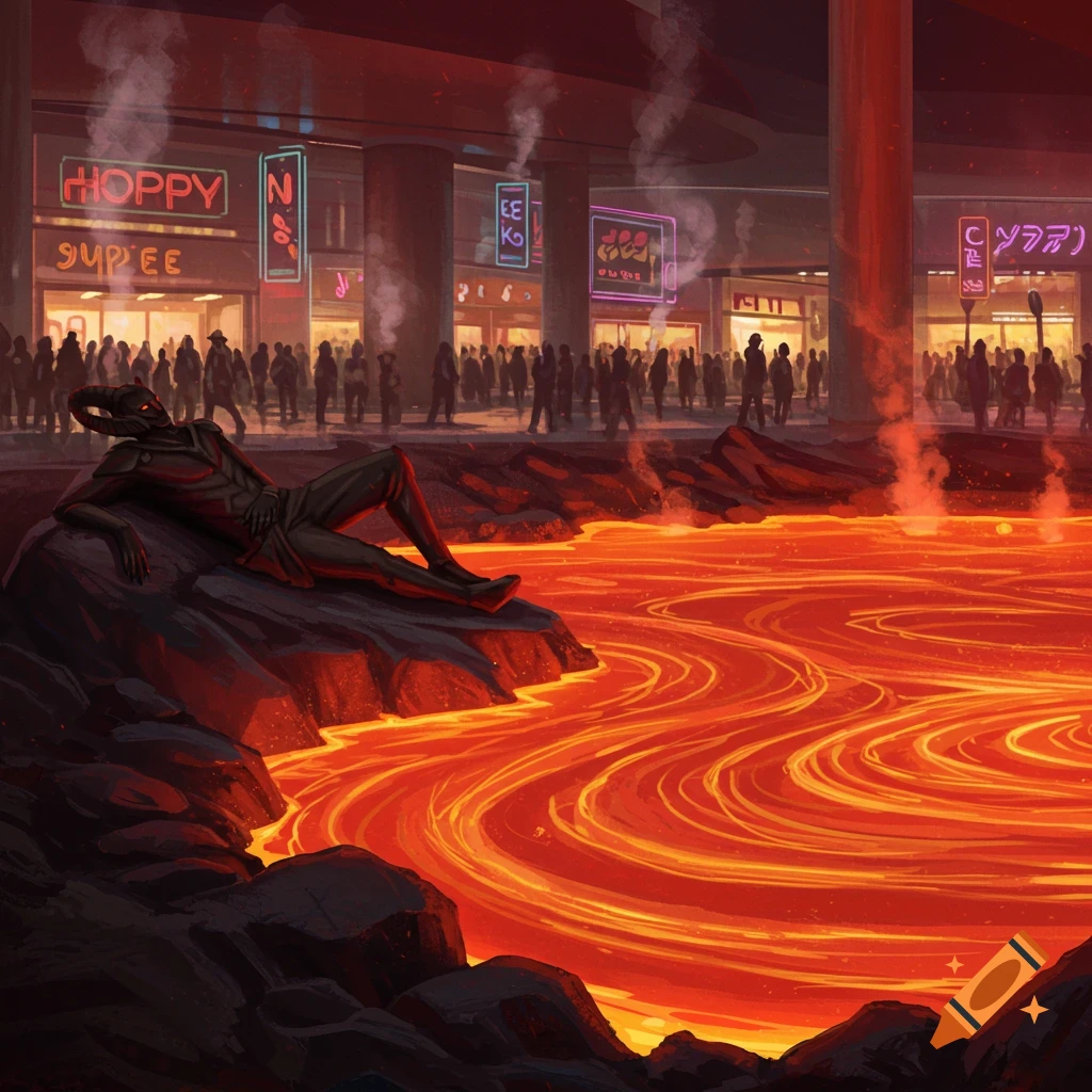 A demon-like figure with horns reclines on a dark rock next to a swirling lake of lava, with a busy shopping center in the background.