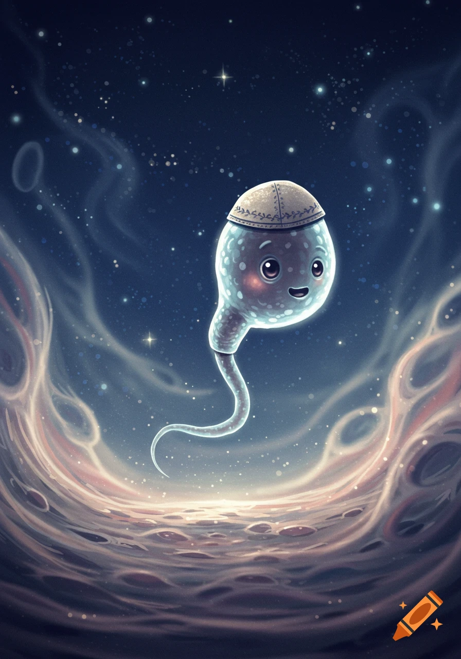 A cute, stylized sperm cell wearing a kippah floats in a dark blue, starry cosmic scene with swirling nebulae.