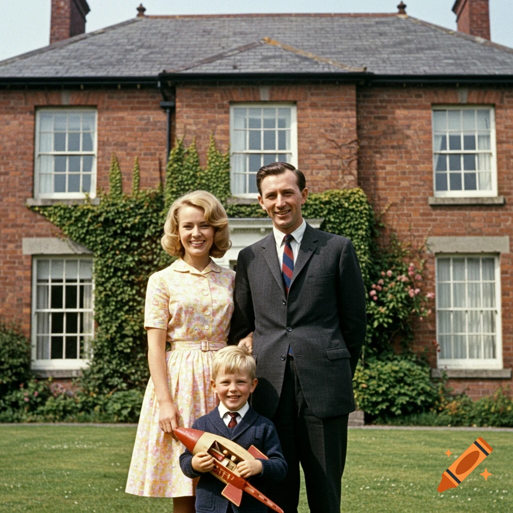 A smiling family of three, a man, a woman, and a young boy holding a toy rocket, stand on a lawn in front of a brick house with ivy.