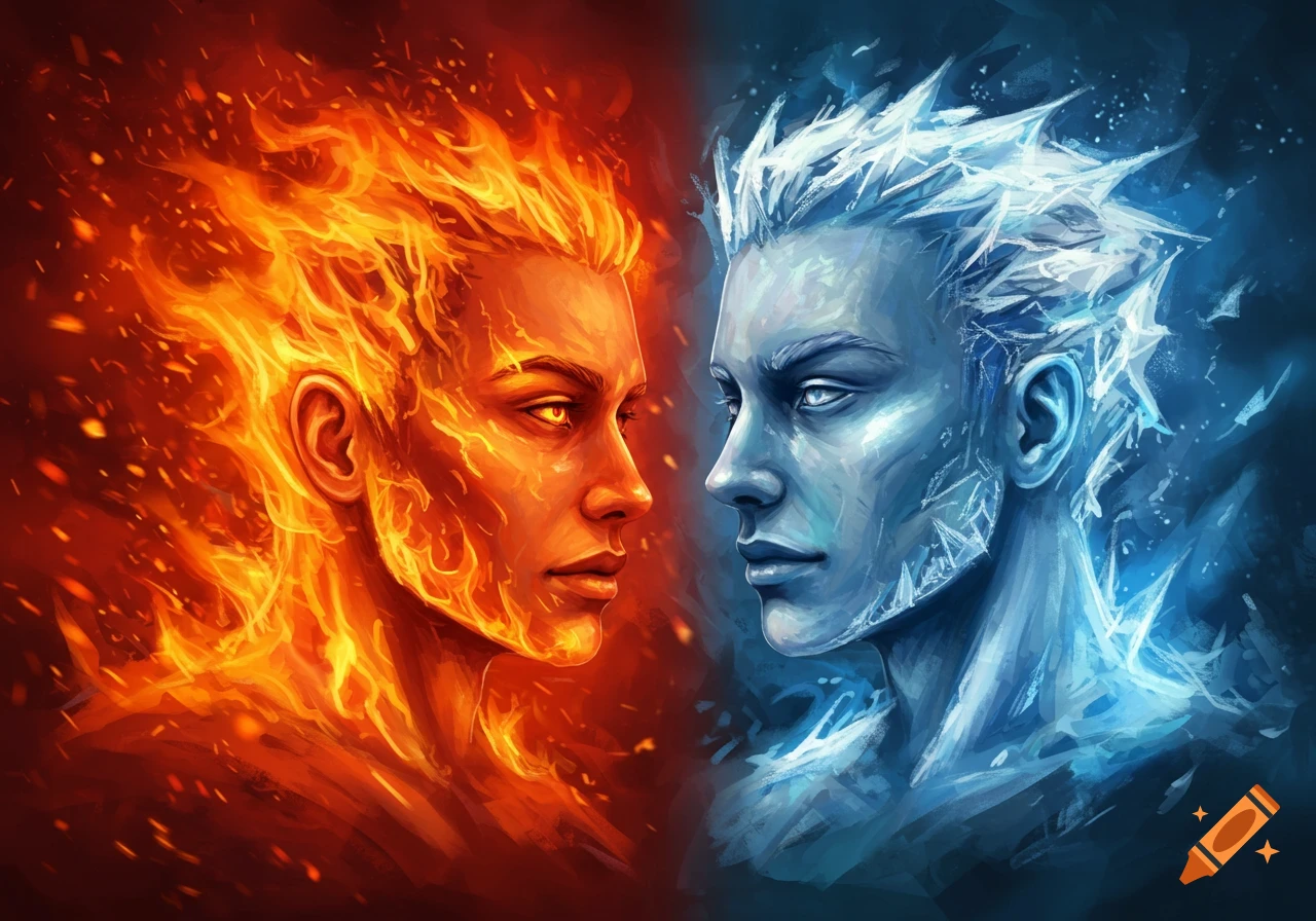 Digital illustration of a fiery orange figure and an icy blue figure facing each other in profile.