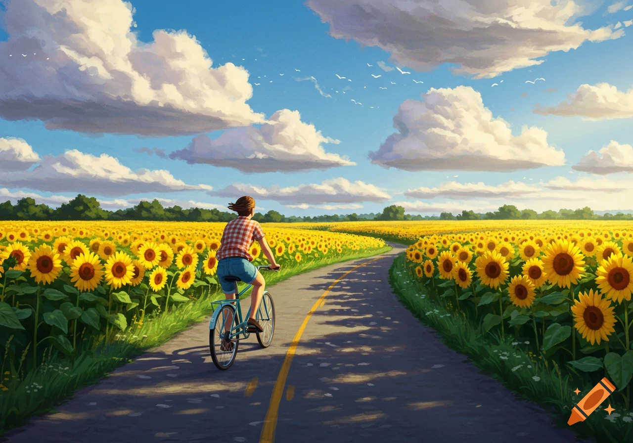 A person rides a bicycle down a winding road through a vast field of bright yellow sunflowers under a blue sky with fluffy white clouds.