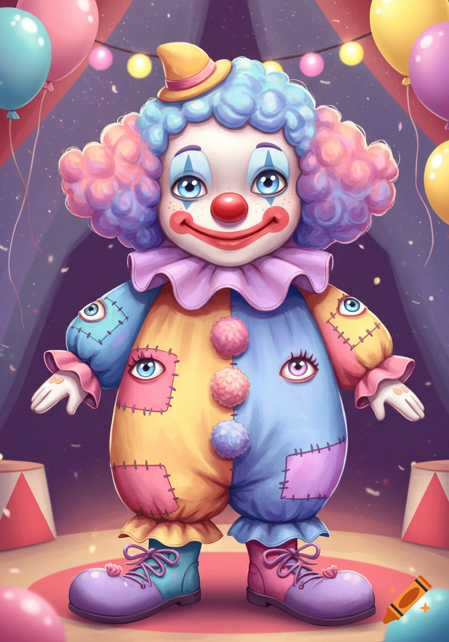 A cute cartoon clown with blue and pink curly hair, colorful patched clothing, and multiple eyes on its body, stands in a circus tent with balloons.