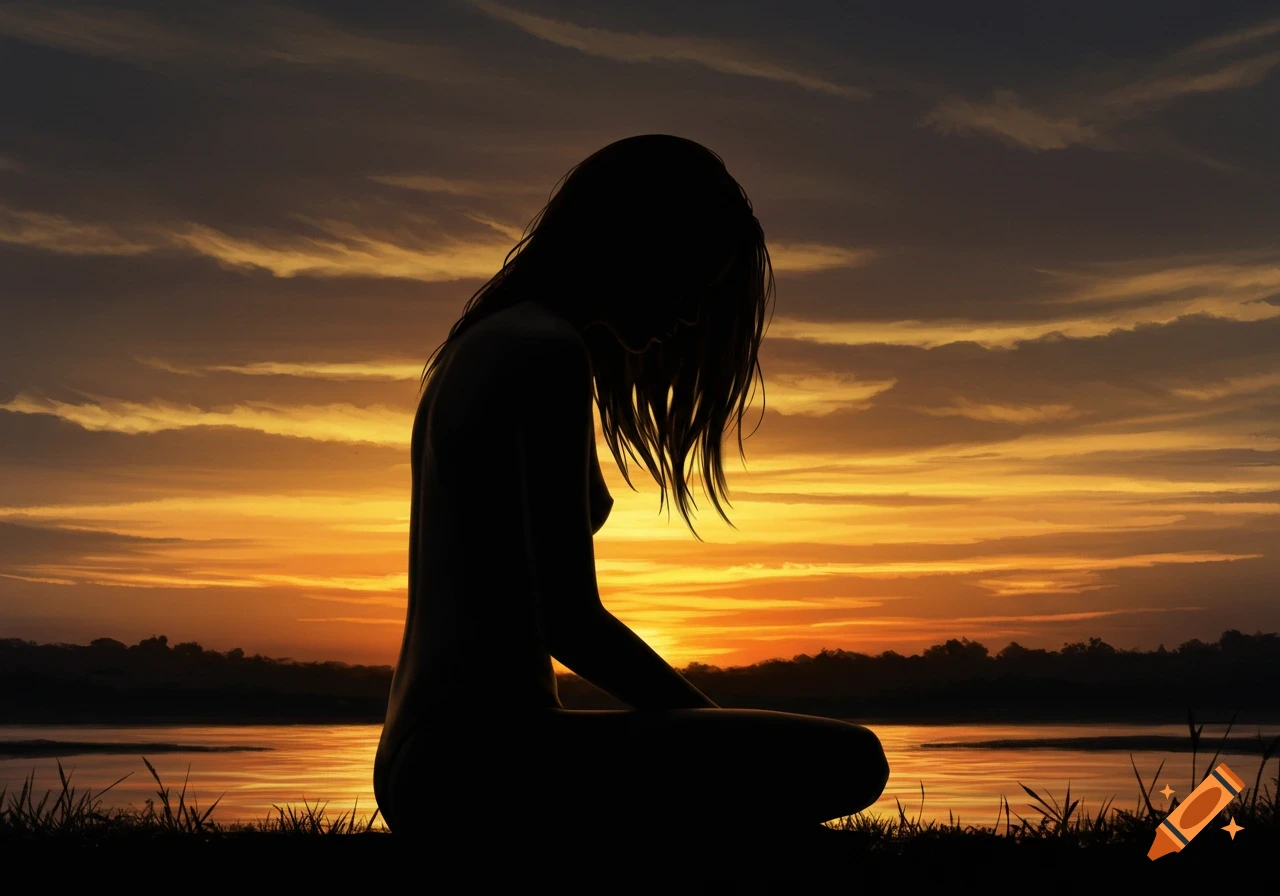 A silhouette of a female figure sitting by a lake at sunset, with an orange and yellow sky.