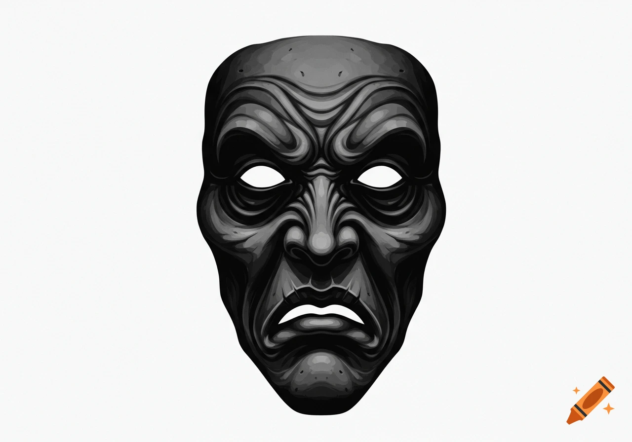 A grotesque, black and white theater mask with a sad or pained expression on a white background.