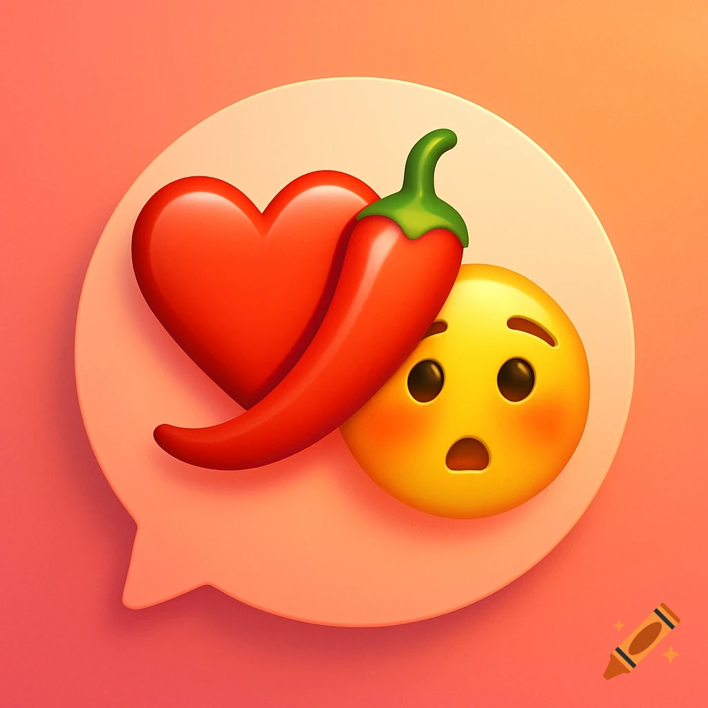 A 3D rendered speech bubble containing a red heart emoji, a red chili pepper, and a surprised yellow face emoji.