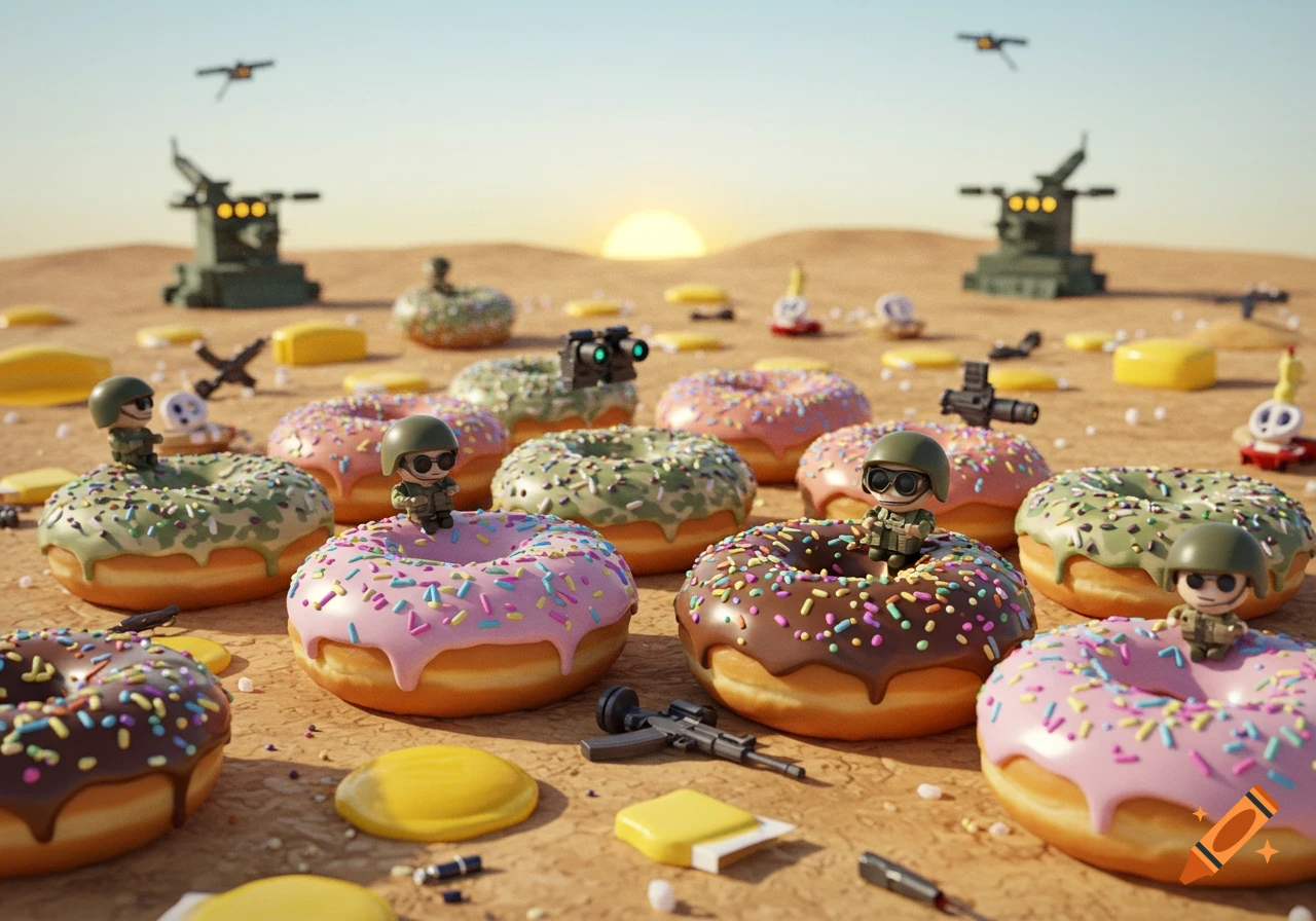 Stylized desert diorama featuring toy soldiers on sprinkle donuts with military vehicles and a sunset.